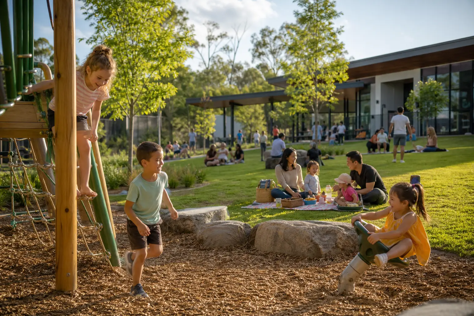 Families on the lawn at Bushbrook