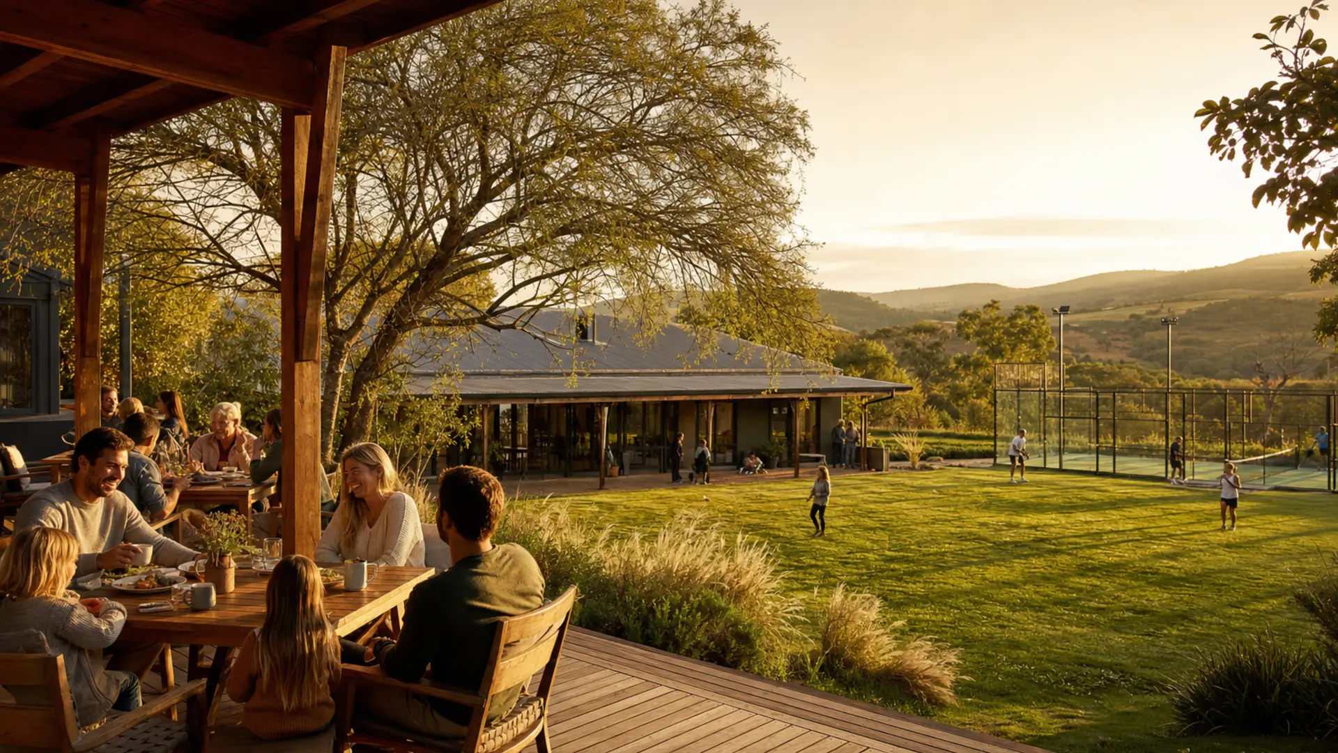 Golden-hour verandah and garden at Bushbrook leisure hub, Christon Bank